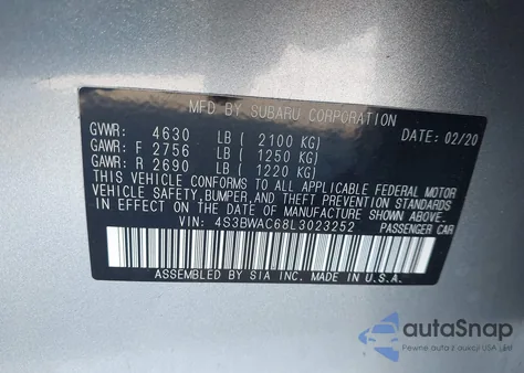 2020 Subaru Legacy Premium z USA, uszkodzony, nr VIN 4S3BWAC68L3023252